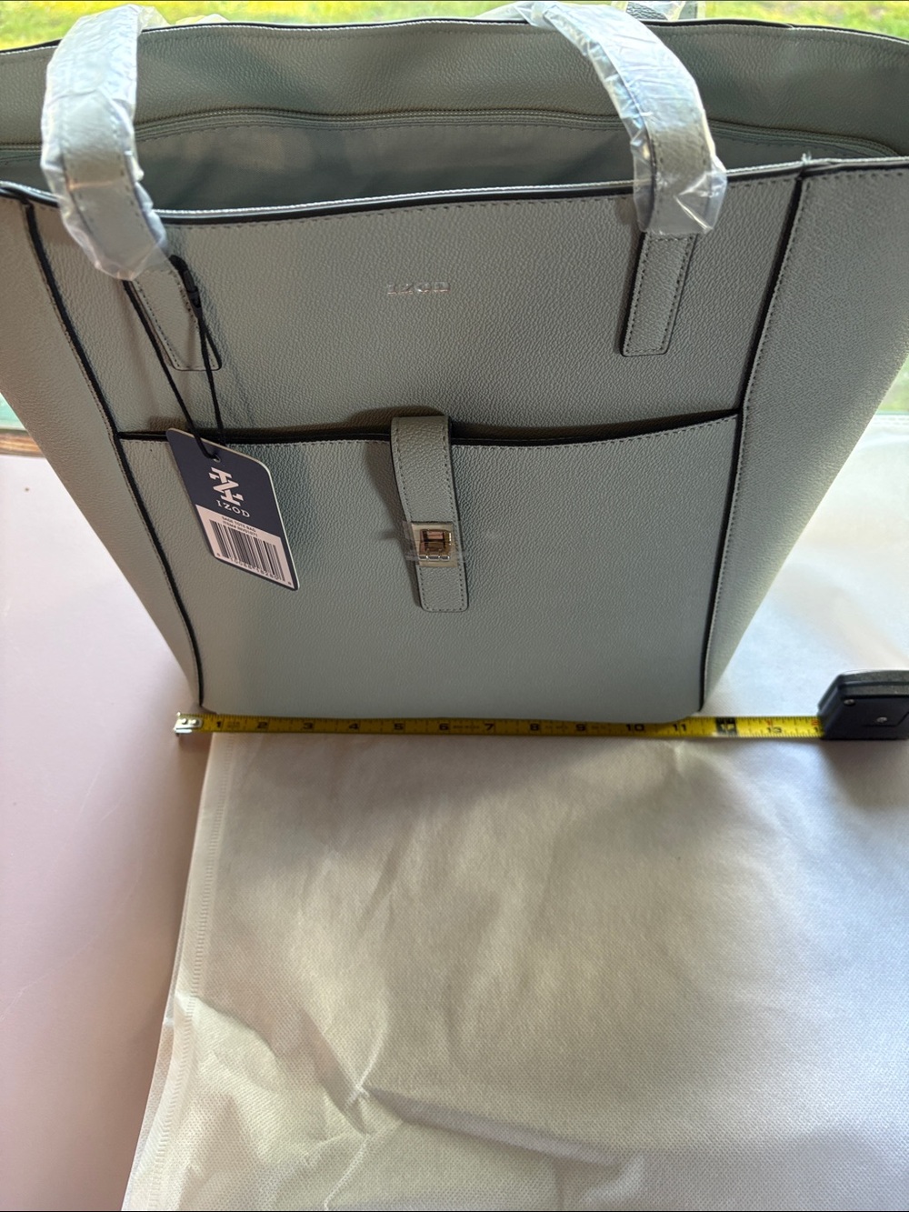 Izod Light Sage Structured Tote with Front Pocket with dust bag - Picture 7 of 8